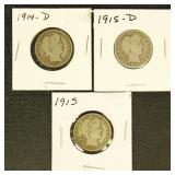 US Coins Barber Quarter lot of 3, 1914-D, 1915, &