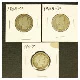 US Coins Barber Quarter lot of 3, 1907, 1908-O, &