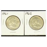 US Coins Franklin Half Dollar lot of 2, 1961 & 196