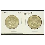 US Coins Franklin Half Dollar lot of 2, 1963 & 196