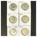 US Coins 6 Silver Kennedy Dollars, 1 each 1964, 19