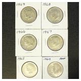 US Coins 6 Silver Kennedy Dollars, 1 each 1964, 19