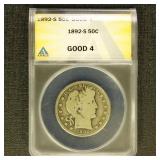 US Coins 1892-S Barber Half Dollar Graded G4 by AN