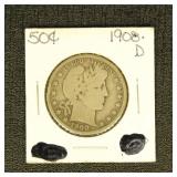 US Coins 1908-D Barber Half Dollar, circulated