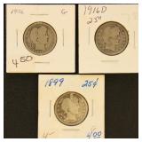 US Coins 3 Barber Quarters, circulated