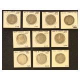 US Coins 10 Barber Silver Half Dollars in flips wi