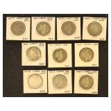 US Coins 10 Barber Silver Half Dollars in flips wi