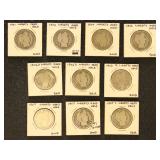 US Coins 10 Barber Silver Half Dollars in flips wi