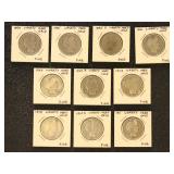 US Coins 10 Barber Silver Half Dollars in flips wi