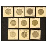 US Coins 10 Walking Liberty Silver Half Dollars in