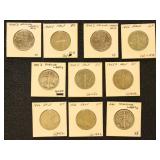 US Coins 10 Walking Liberty Silver Half Dollars in
