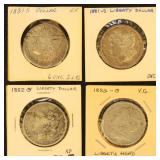 US Coins 4 Morgan Silver Dollars, mixed condition