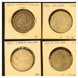 US Coins 4 Morgan Silver Dollars, mixed condition