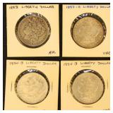 US Coins 4 Morgan Silver Dollars, mixed condition