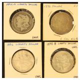 US Coins 4 Morgan Silver Dollars, mixed condition