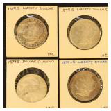 US Coins 4 Morgan Silver Dollars, mixed condition