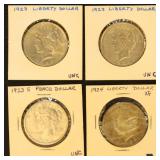 US Coins 4 Peace Silver Dollars, mixed condition
