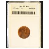US Coins 1939-D Lincoln Cent Graded MS66Red by ANA