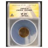 US Coins 1909-S Lincoln Cent Graded VF20 Details (