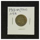 US Coins 1913-D Buffalo Nickel Variety 2, circulat