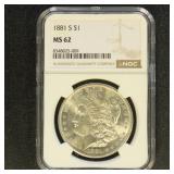 US Coins 1881-S Morgan Silver Dollar Graded MS62 b