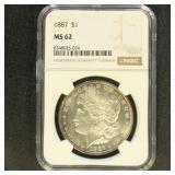 US Coins 1887 Morgan Silver Dollar Graded MS62 by