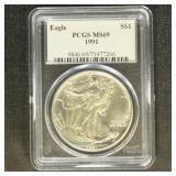 US Coins 1991 Silver Eagle Graded MS69 by PCGS