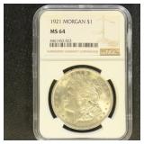 US Coins 1921 Morgan Silver Dollar Graded MS64 by