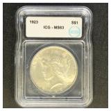 US Coins 1923 Peace Silver Dollar Graded MS63 by I