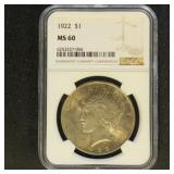 US Coins 1922 Peace Silver Dollar Graded MS60 by N