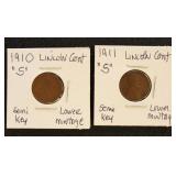 US Coins 1910-S & 1911-S Lincoln Cents, Semi-Key L