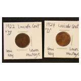 US Coins 1922-D & 1924-D Lincoln Cents, Semi-Key L