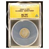 US Coins 1942/1 Mercury Dime Graded AU55 Details (
