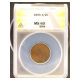 US Coins 1856 Half Cent Graded MS60 BRN by ANACS
