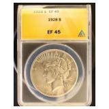 US Coins 1928 Peace Silver Dollar Graded EF45 by A