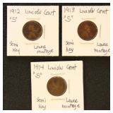 US Coins 1912-S, 1913-S, 1914-S Lincoln Cents, Sem