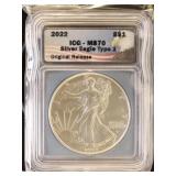 US Coins 2022 Silver Eagle Type 2 Graded MS70 by I
