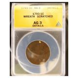 US Coins 1793 Flowing Hair Large Cent, Wreath Reve