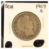 US Coins 1907-S Barber Half Dollar