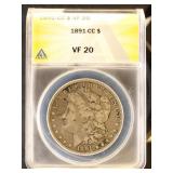 US Coins 1891-CC Morgan Silver Dollar Graded VF20