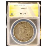US Coins 1893 Morgan Silver Dollar Graded VF20 by