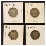 US Coins 1909-D, 1912, 1914, & 1914-D Barber Quart