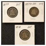 US Coins 1877, 1877-CC, & 1878 Seated Liberty Quar