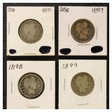 US Coins 1895, 1897, 1898, & 1899 Barber Quarters