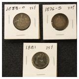 US Coins 1853-O, 1876-S, & 1881 Seated Liberty Qua