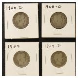 US Coins 1908-D, 1908-O, 1909, & 1909-D Barber Qua