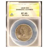 US Coins 1838 Capped Bust Half Dollar Graded EF45