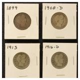 US Coins 1899, 1908-D, 1915, & 1916-D Barber Quart