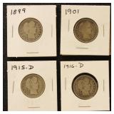 US Coins 1899, 1901, 1915-D, & 1916-D Barber Quart