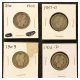 US Coins 1905, 1907-O, 1909, & 1916-D Barber Quart